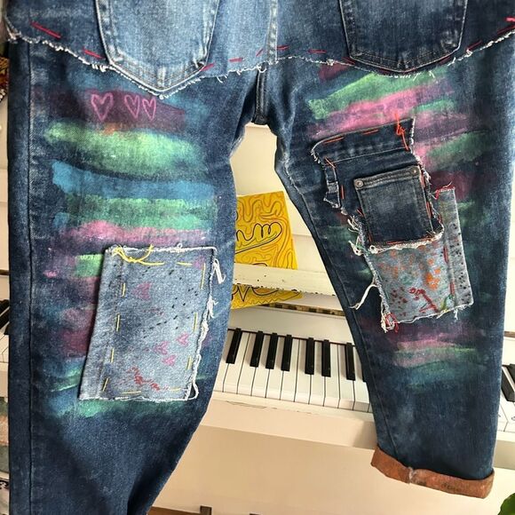 Upcycled Frayed Patchwork Jeans 33" Waist Handmade Streetwear Pants Painted - Picture 16 of 16